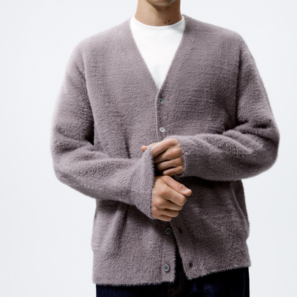 Zara men’s soft textured cardigan dusty mauve sz L NWT